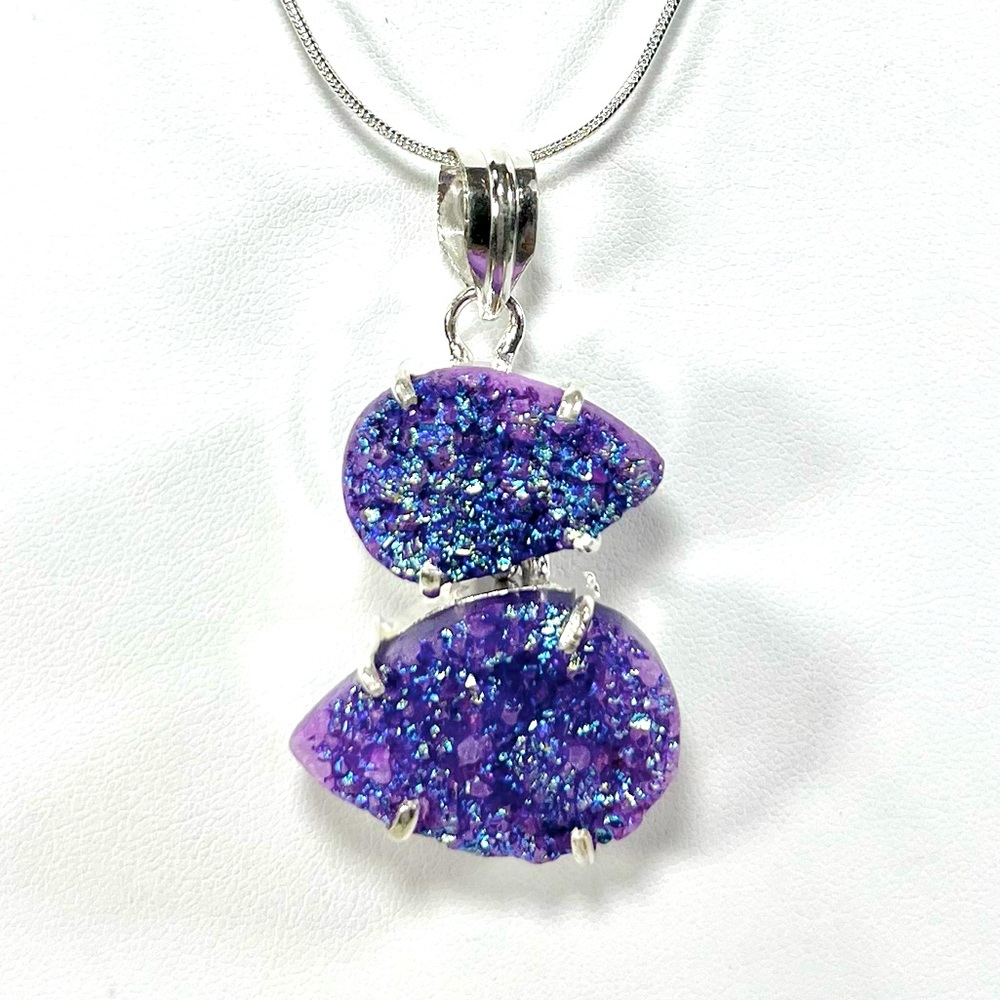 Titanium Druzy Teardrop Pendant Necklace - Sterling Silver Plated Setting